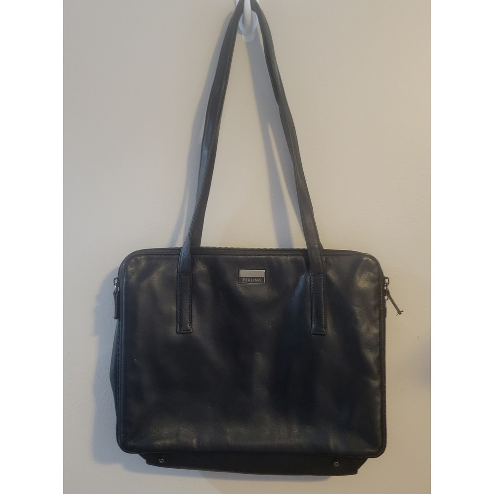 Leather Perlina New York Carryall Shoulder Bag Tote Purse Black Zip Around